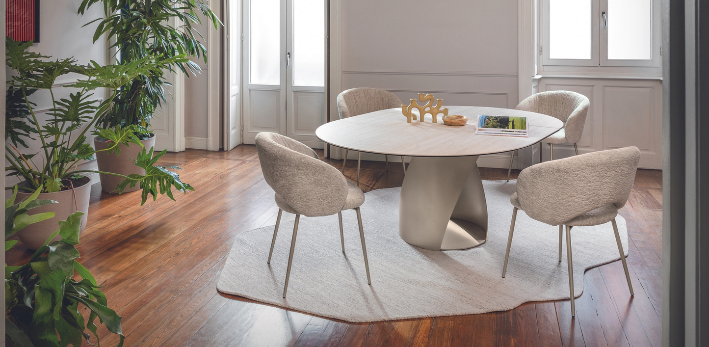 CALLIGARIS CYCLONE TAVOLO D.140/190 CERAMICA TRAV. BIANCO BASAMENTO PEARL BEIGE IN STOCK