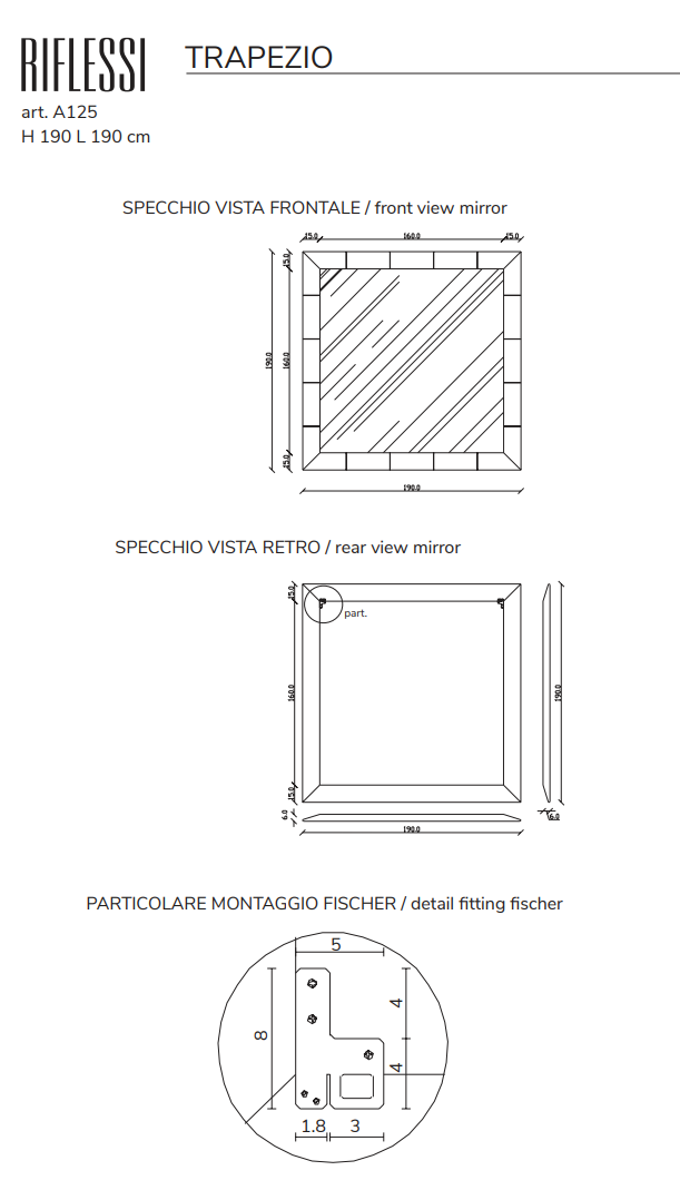 RIFLESSI TRAPEZIO SPECCHIO DA PARETE CON CORNICE INCLINATA SPECCHIANTE IN STOCK